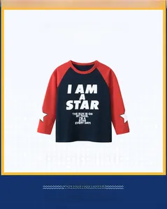 Detail of raglan long sleeve T-shirt with star elbow patches and I AM A STAR print