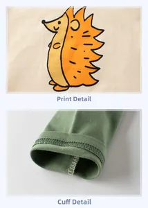 Détails de l'imprimé hérisson jaune et finitions soignées des poignets sur t-shirt enfant
