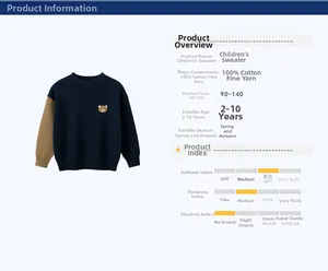 Detail page showing a 100% cotton knit sweater for boys with bear embroidery and size chart
