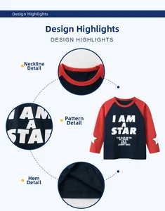 Detail view of cotton raglan sleeve kids' T-shirt with I AM A STAR print and star patches