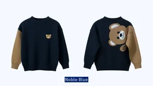 Front and back detail of royal blue knit sweater featuring cute bear embroidery and print