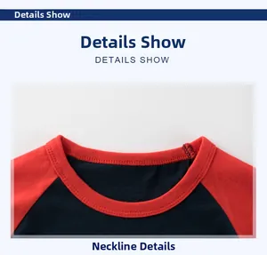 Detail show of the double-stitched neckline on this kids cotton raglan sleeve T-shirt