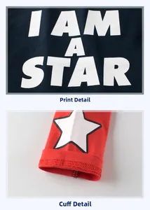 Detail of cotton T-shirt with I AM A STAR print and red star pattern on cuff