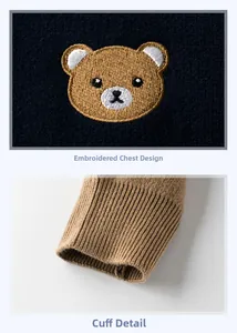 Detailed embroidery of a bear and ribbed cuffs on a navy blue knitted sweater for boys