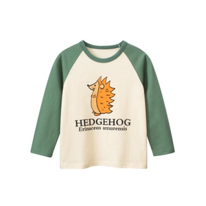 T-shirt manches raglan enfant en coton crème et vert avec motif imprimé hérisson orange