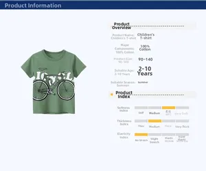 Détail du t-shirt en coton pour garçon avec tableau des tailles et tissu