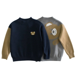 Boys Cotton Sweater Round Neck Long Sleeve Knitwear Patchwork Teddy Bear Embroidery Casual Pullover For Kids