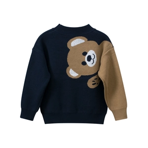 Kids navy and beige color-block knitted sweater with a large cartoon teddy bear print