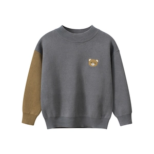 Boys gray knit sweater with brown contrast sleeve and cute bear patch detail