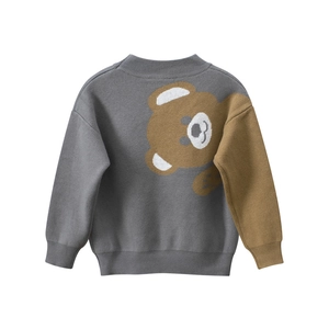 Kids knitted sweater with grey and brown color blocking and cute cartoon bear pattern