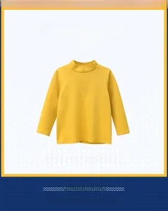 Detail of soft yellow long-sleeve high-neck cotton T-shirt for kids aged 2-10