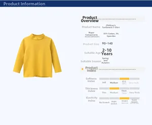 Close-up of yellow mock neck long sleeve tee for kids in 95% cotton and 5% spandex
