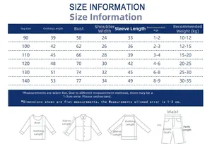 Detailed size chart for kids' mock neck long sleeve t-shirts and seasonal base layers