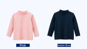 Detail view of children's long-sleeve turtlenecks in pink and royal blue colors