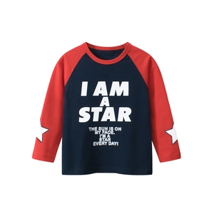 Boys Long Sleeve Cotton T-Shirt Raglan Patchwork Slogan Print Star Pattern Casual Top For Kids Spring Autumn Apparel