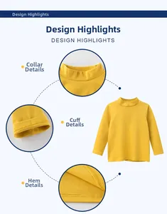 Detail of high collar, cuff stitching, and hemline on kids yellow cotton sweatshirt