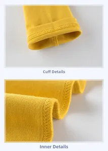 Detail of yellow knit shirt showing smooth cuff stitching and soft inner fabric texture