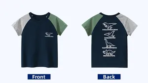 Front and back view of kids cotton t-shirt featuring detailed dinosaur prints and raglan sleeves