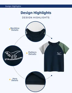 Detail of color-block kids T-shirt with dinosaur print and neat shoulder stitching
