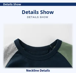 Close-up of the ribbed crew neckline on a three-color patchwork short sleeve t-shirt