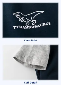 Detail of navy cotton t-shirt featuring dinosaur print and gray contrast cuffs