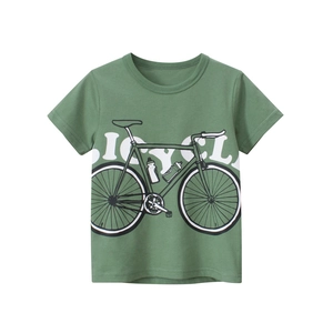 T-Shirt à Manches Courtes en Coton pour Garçons Décontracté Vert Sauge Imprimé Vélo Col Rond Top d'Été Mode