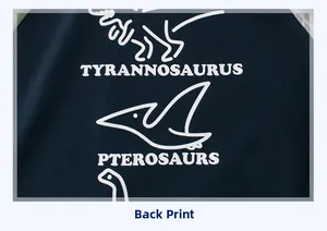 Detail view of cotton t-shirt back print featuring white dinosaur outline graphics