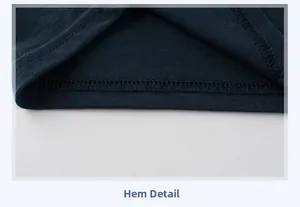 Detail view of the hemline on a dark blue cotton t-shirt with durable double stitching