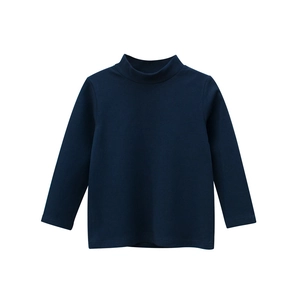 Kids navy blue mock neck long sleeve cotton t-shirt with ribbed thermal collar
