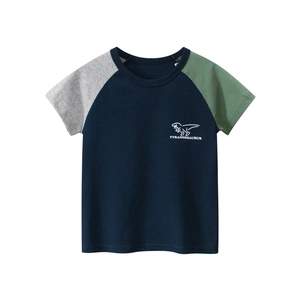 Kids navy cotton T-shirt with green raglan sleeves and Tyrannosaurus dinosaur print