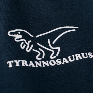 Kids navy blue cotton T-shirt featuring a white Tyrannosaurus dinosaur line drawing print