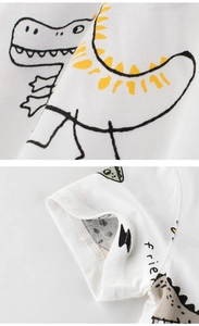 Detailed view of kids cotton t-shirt with cute dinosaur print and sleeve stitching