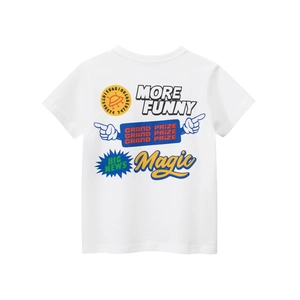 T-shirt blanc en coton pour enfant avec imprimé OVNI coloré et typographie au dos