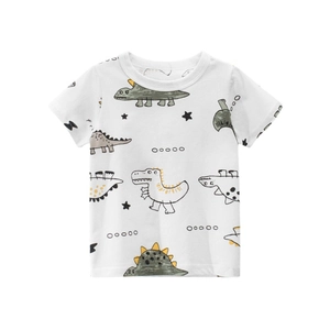 Kids short sleeve cotton T-shirt featuring colorful all-over cartoon dinosaur prints