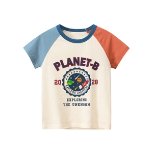 T-Shirt À Manches Courtes Pour Garçons 100% Coton Manches Raglan Imprimé Dessin Animé Espace Planète Fusée Été Enfants