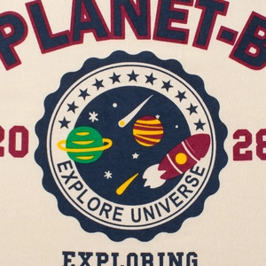 T-shirt enfant crème avec motif rétro d'espace, planètes et fusée imprimé sur le devant