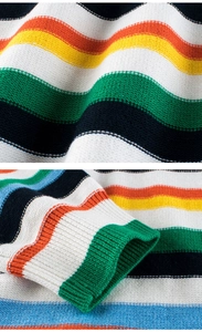 Macro detail of rainbow striped knit fabric with fine stitching and ribbed cuffs