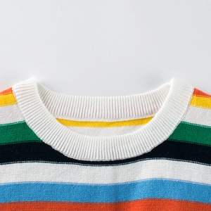 Toddler rainbow striped knit sweater with ribbed crew neck for boys in autumn