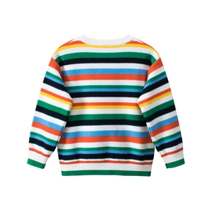 Kids long-sleeved knit sweater with bright rainbow horizontal stripes and white ribbed cuffs