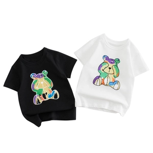 Jungen Sommer Kurzarm T-Shirt 100% Baumwolle Atmungsaktiv Rundhals Cartoon Bär Druck Farbblock Lässige Kinder Oberteil Kleidung
