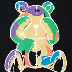 Kurzärmeliges schwarzes Kinder-T-Shirt mit buntem Bären-Patchwork-Print im Streetstyle