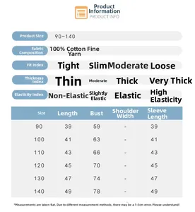 Detailed size chart for children cotton knitted sweater with measurements for ages 2 to 7