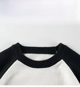 Detail display of ribbed round neckline and raglan sleeves on knit sweater