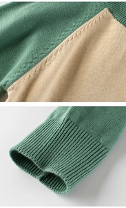 Detailed macro view of knitted sweater seams and ribbed cuffs in green and beige