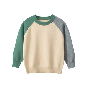 Children's color-block knit sweater in beige, dark green, and grey with ribbed cuffs