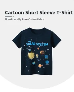 Detail of solar system print on soft dark blue cotton short sleeve t-shirt for boys
