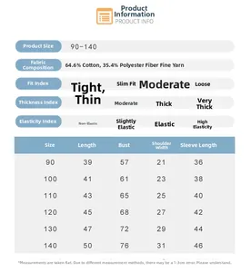Size guide for kids' cotton knit sweater with detailed measurements and fabric composition