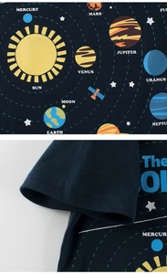 Close-up of solar system print and stitching detail on navy cotton toddler t-shirt