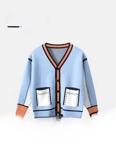 Detail of light blue cotton blend knit cardigan for kids with V-neck and contrast stripes