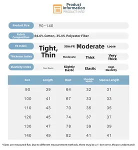 Detailed size chart for children knit sweater with cotton blend fabric specifications